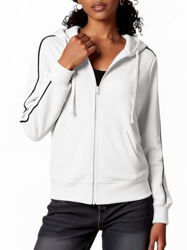 Fisoew, felpa con cappuccio da donna con zip, hoodie, giacca sportiva, con cappuccio., bianco, L