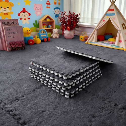 Confezione da 12 tappetini in schiuma di peluche ad incastro, per soggiorno, camera da letto, tappeti con bordo, morbidi tappetini da gioco, 30 x 30 x 1 cm, colore: nero