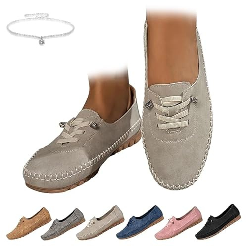Mocasines ortopédicos de cuero para mujer, estilo vintage, suaves, con cordones, cosidos a mano, ligeros, antideslizantes, con soporte para el arco