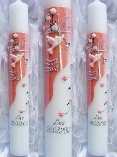 kerzenzauber-lusine Taufkerze Kommunionkerze 400/50 mm Rosa-silber Baptism Duft Handgefertigt Personalisierbar