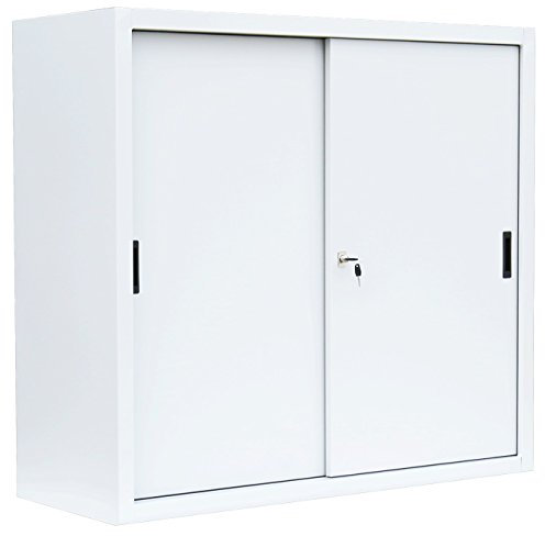 Schiebetürenschrank komplett montiert weiß 109x120x45cm Büro Aktenschrank Sideboard aus Stahl Schwebetürenschrank 550147