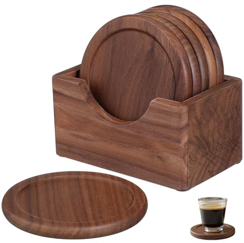 Cabilock 6er Set Untersetzer Aus Schwarzem Walnussholz, Runde Holzuntersetzer, HitzebestäNdige GeträNkeuntersetzer FüR Zuhause, Café Und Restaurant, 10.8 X 7 X 10 cm