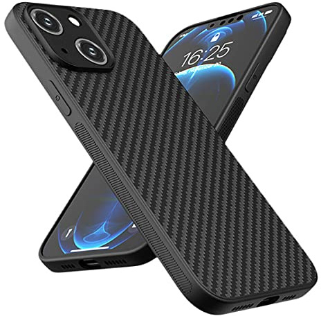 Mixroom - Cover Custodia Case per iPhone 14 Fibra di Carbonio Anti Scivolo e Anti Caduta Colore Nero in TPU Morbida con Bordi Piatti