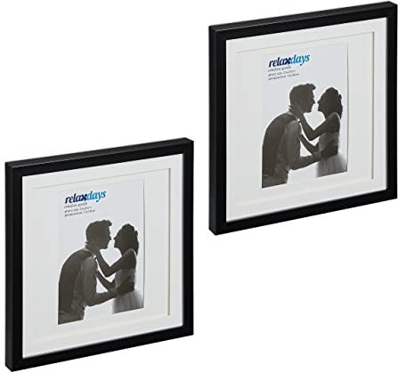 Relaxdays Bilderrahmen 2er Set, 25x25 cm, quadratisch, Fotorahmen zum Aufhängen oder Hinstellen, Passepartout, schwarz