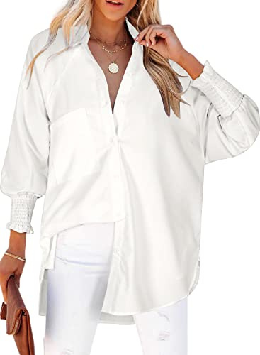 Womens Smocked Cuffed Solid Boyfriend Shirt Casual Collar Long Sleeve Oversized Button Down Blouse Tops with Pocket Shirred