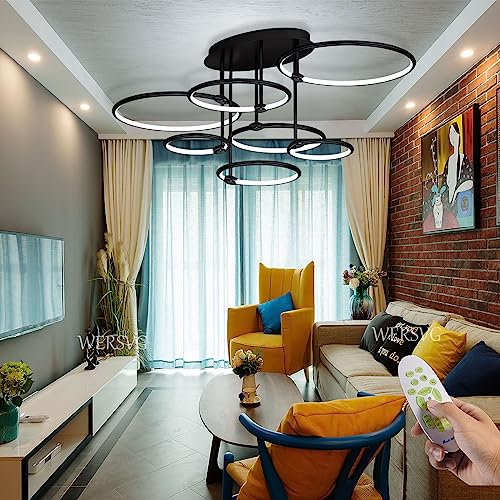 WERSVG Schwarz LED Deckenleuchte Wohnzimmerlampe Dimmbar 3000K-6000K 7-Ring Deckenlampe 90W 7200LM Modern Schlafzimmerlampen mit Fernbedienung, für Wohnzimmer Esszimmer Küche Kinderzimmer