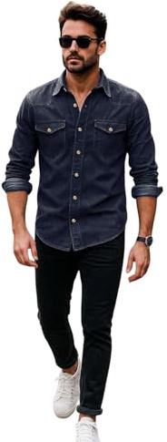 True Face Mens Denim Shirt 100% Cotton Multi Pocket Long Sleeve Casual Collared Button Down Washed Effect Shirts Top Navy L