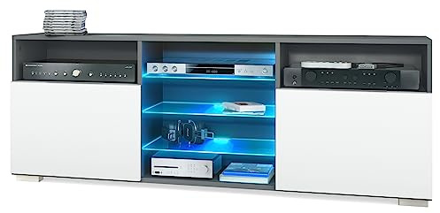 Vladon TV-Board Granada, Lowboard mit 2 Türen und 6 offenen Fächern, Korpus Anthrazit matt, Fronten in Weiß matt mit RGB LED-Beleuchtung (146 x 54 x 35 cm)