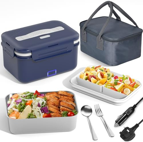 Vabaso 100W Electric Lunch Box for Adults with Insulated Lunch Bag, Spoon and Fork, Heated Lunch Box with Fruit Compartments, 1.8L Large Capacity, Thermal Lunchbox for Car, Truck, Office Dark Blue