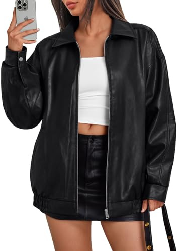 Trendy Queen Chaquetas de cuero para mujer, de gran tamaño, para motocicleta, talla grande, abrigo de motociclista, trajes de otoño, ropa de moda 2025, Negro -, XL
