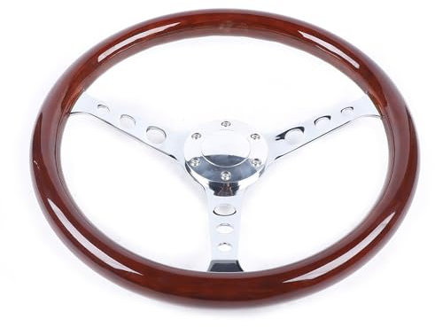 OUBUBY 15 Zoll Lenkrad, Universal Holzlenkrad Oldtimer Lenkrad Mahagoni Lenkrad Sportlenkrad Auto Flachboden Lenkrad mit Hupenknopf und Eisenring-Lenkrad für Oldtimer Lenkrad