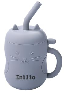 TYRY.HU Trinkbecher mit Namen Silikon Dinky Cup DIY Kleinkinder Katzen Trinkbecher mit Griff Deckel Strohbürste Trinklernbecherfür das Selbstfütterungstraining Selbstständiges Lernen Grau