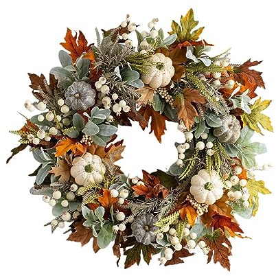Herbst-Kürbis-Kranz, ganzjähriger Herbst-Kranz für die Haustür, künstlicher Herbst-Kranz, Herbst-Haustür-Kranz, Familien-Bauernhaus-Dekoration und Erntedank-Kranz für Holzringe (Beige, One Size)