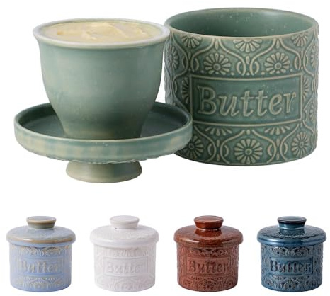 TEATALK 6.7 OZ Reactive Glaze Butter Crock, French Ceramic Butter Crock with Lid, Butter Crock for Counter with Water, Butter Dish with Lid for Countertop, Home Kitchen Gift, Green