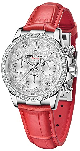 Pagani Design Luxury Women's Quartz Watch Diamonds Japanese Movement Synthetic Sapphire Stainless Steel Leather Strap Waterproof Multifunction Chronograph Watches (red)