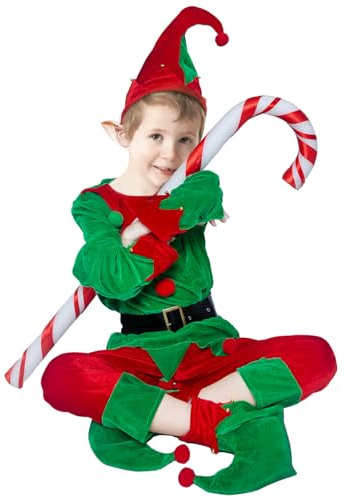 SUNHUKUS Christmas Elf Costume for Kids 6PCS Santa Claus Helper Costume Velevt Outfit Elf Hat Boot Covers Ears Belt (L)
