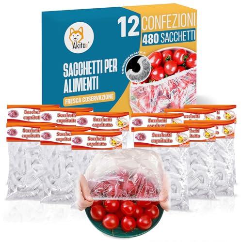 Akitaink Sacchetti Trasparenti per Alimenti con Elastico | Conservazione Fresca e Multiuso, Coprivivande per Mantenere Freschi Cibi e Verdure (480 Pezzi)