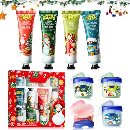 Allony Mini Handcreme Weihnachten Set, 4 Stück Weihnachtshandcreme+4 Stück Lip Balm, Handcreme für Sehr Trockene Hände, Handcreme Set Weihnachten, Geschenkset für Weihnachten & Geburtstags