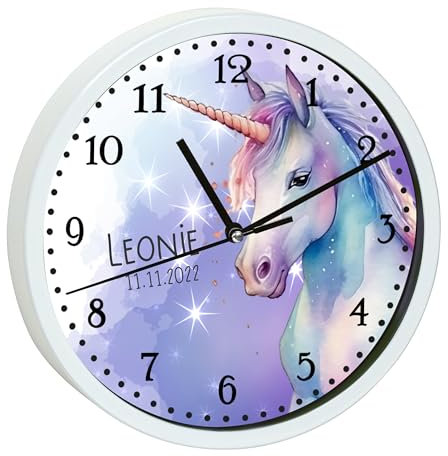 CreaDesign, Wanduhr Kinder personalisiert mit Name, Motiv Wanduhr mit weißen Rahmen Einhorn, Rahmen Wanduhr weiß, Ø 19,5 cm