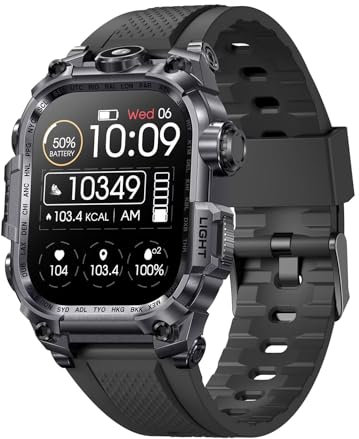 Smartwatch Herren Taschenlampe Sportuhr mit Blutdruckmessung Pulsmesser Schlaftracker Telefonfunktion 5 ATM Wasserdicht Militär Uhr Outdoor Tactical Watch Military Schrittzähler Android iOS Laufuhr