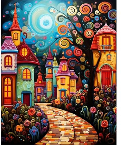 JATOK Paint by Numbers for Adults, Whimsical Starry Village, 40 x 50 cm | clear-symbol pre-printed canvas, acrylic painting kit, beginner DIY craft, unframed wall décor, 16 x 20 in