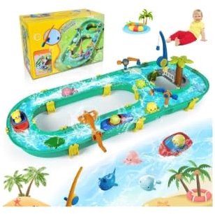 Gaethra Wassertisch Spielzeug 3+ Jahr, Wassertisch Kinder Outdoor mit 2 Boote, 6 Tierfiguren, Wasserbahn Draußen Wasserpark Spielset für Kinder 3+ Jahr
