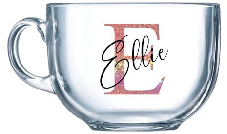 Personalised Glass Mug Initial and Name Custom Birthday Christmas Gifts for Her Him Girl Boy Women Men Bestie 18th 21st 30th 40th 50th 60th 70th 80th Party Present Secret Santa Idea