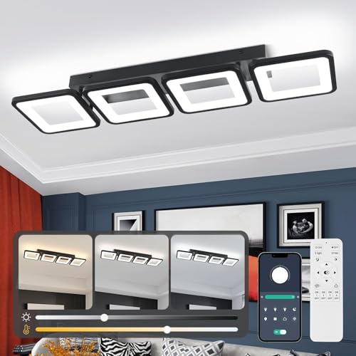 Vloitgol LED Deckenleuchte Dimmbar, 52W 69cm Deckenlampe Schwarz Modern Wohnzimmerlampe mit Fernbedienung, 3000K-6500K, 4 Square-Design Schlafzimmerlampe Led Deckenbeleuchtung für Büro Küche esszimmer