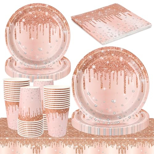 81 PCS Gold Tableware Set for Her, Party Plates and Cups Rose Gold Shiny Glitter Diamond Party Tableware for Girls, Women, Birthday, Wedding, Baby Shower Party