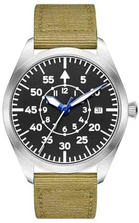 Boyarca Pilot Watch - Orologio da polso da aviatore per uomo, movimento automatico, meccanico, cassa in acciaio inossidabile, orologi luminosi e impermeabili, Verde militare B, striscia