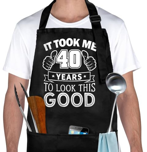 GADITIEK 40th Birthday Gifts For Men Women, Black Apron With 3 Pockets, Funny 40th Birthday Gift Ideas, Adjustable BBQ Apron For Men Women, Waterproof Kitchen Apron For Grilling, Cooking