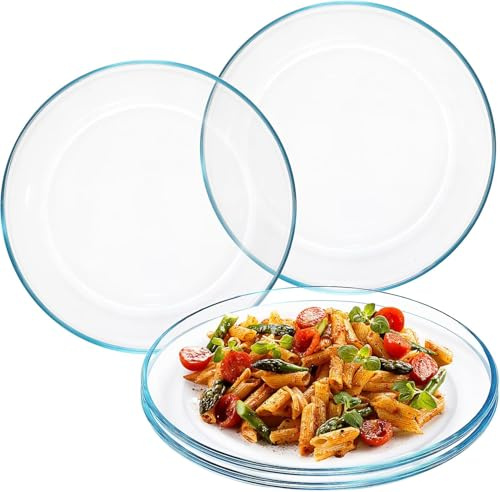 HFZCV 4 Pack Glass Plates, 25cm Clear Tempered Glass Small Dinner Plates Heat Resistant Pasta Plates, Microwave Safe & Dishwasher Safe