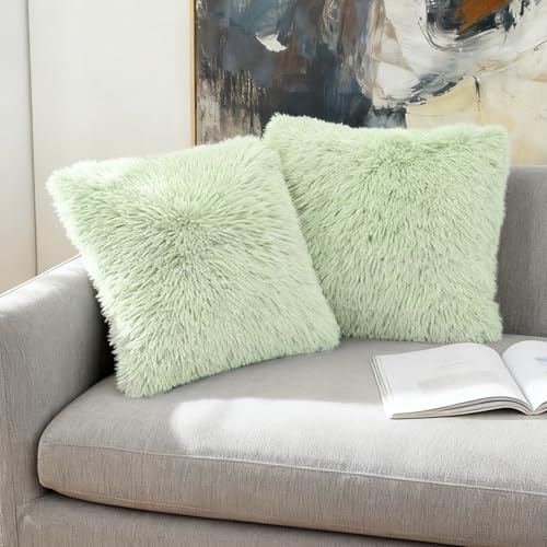 Xqzbmt 2-Pack Faux Fur Cushion Covers 45x45cm - Sage Green Fluffy Pillow Decor, Soft Plush Cushion Covers Only for Sofa & Bedroom 18x18inches