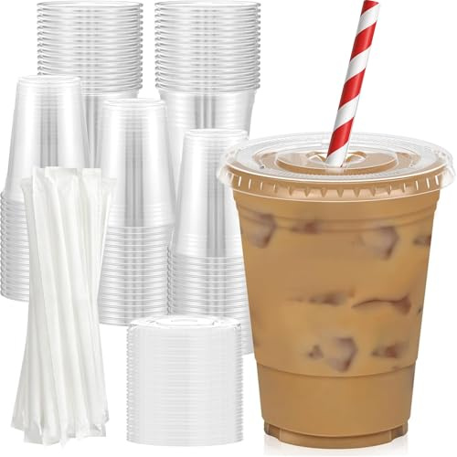 Bemacar Confezione da 50 bicchieri con coperchio e cannucce di carta biodegradabili, robuste e sicure per alimenti, tazze da caffè freddo con coperchio, bevande fredde e frullati