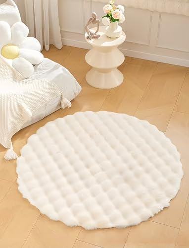 Wuyue Hua Kaninchen-Plüsch-Teppichkissen, mit einem cremefarbenen Bläschen-Samt-Stil, geeignet für Wohnzimmer, Schlafzimmer, Betten, Erker und Sofas. (Milchbeige Farbe mit einem Durchmesser von 60 cm)