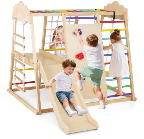 COSTWAY Klettergerüst Indoor, 8 in 1 Kletterdreieck & Schaukel & Kletternetz & Rutsche & Kletterfelsen & Affenstangen & Strickleiter & Plattform, Kinder Spielplatz Holz, für Kinder ab 3 Jahre (Bunt)