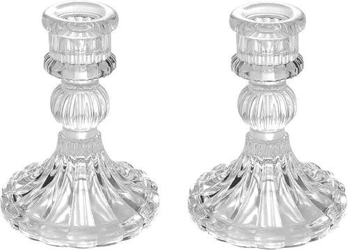 MAGICVOGEL 2er Set Kerzenständer Transparent Glas Kerzenhalter Stabkerzen Spitzkerze Halter Kristallglas Partydekorationen Tischdekoration für Hochzeit Valentinstag Weihnachten Kirche (Streifen-Stil)