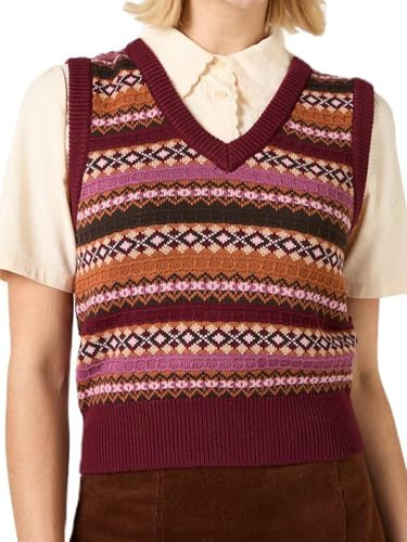 Yoisdtxc Women Ribbed Knit Sweater Vest Cherry Fish Pattern Sleeveless Crew Neck Loose Fit Pullover Tank Tops for Fall Winter (E-Brown, L)
