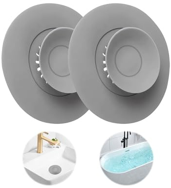 2PCS Silicone Press-Type Drain Cover with Hair Catcher,Grey Bath Plug Hair Catcher,Bathtub Hair Stopper,HairCatcher for Bath Plug for Bathroom Kitchen Tub