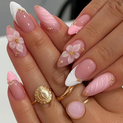 French Almond Glossy Press On Nails with 3D Floral and Gold Beads - 24Pcs Long Pink White Nail Tips, Reusable Art Decorations for Wedding Party Occasions, False Manicure Kit for Women