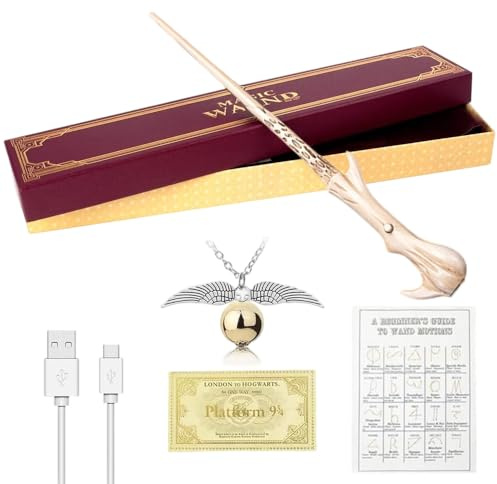PLLYPE Voldemort Wand, 38CM Magic Wand, Light Up Elder Wand, USB Charging Wizarding worldwand, WizardWand Halloween Dress Up Accessory with Snitch necklace, Spell table, Train ticket