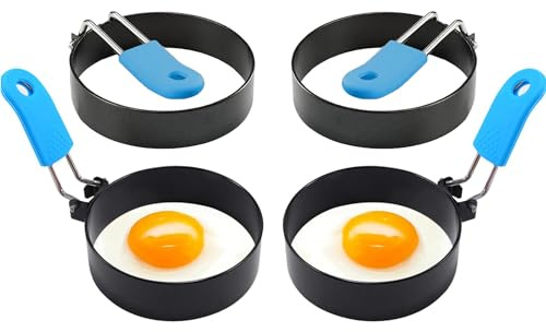 4 PCS Egg Rings for Frying, Stainless Steel Non Stick Egg Poacher with Anti-Scald Folding Handle, Fried Egg Rings for Household Kitchen Cooking Egg Frying Breakfast Mini Burger