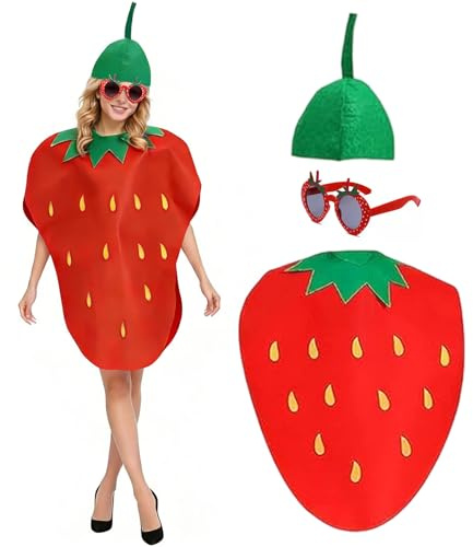 HTTDSLF Traje de Fresa para Adultos, Disfraz Divertido de Fruta Ligero y Cómodo, Disfraz para Adultos - Sombrero, Vestido y Gafas, para Halloween, Fiestas Temáticas, Cosplay y Eventos Divertidos
