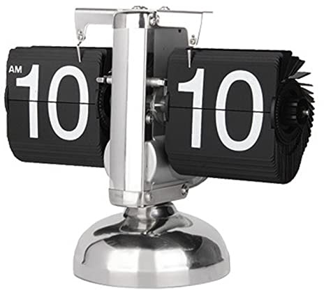 Digital Retro Minimalist Single Foot Mechanical Auto Flip Clock Desk Clock for Home Livingroom, Stainless Steel (Black)