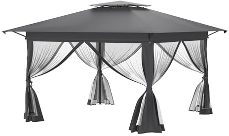 HENGMEI Gartenpavillon Pavillon 4x4m Partyzelt Doppelstöckige Schutzabdeckung Metall Pop-Up Faltpavillon mit 4 Moskitonetz Seitenteilen Hinterhof Gazebo Pergola für Party, Marktstand (Anthrazit)
