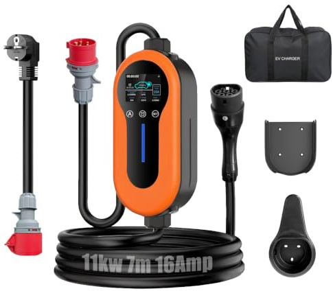 Mobile Wallbox 11kW mit App, 7m Typ 2 Ladekabel, 16A 3-Phasen CEE Stecker, 6-16A Einstellbar, Schuko Adapter, LCD Display, IP65 Wasserdicht, inkl. Tragetasche, Traenvir
