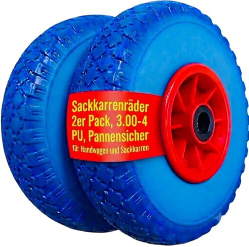 2x Sackkarrenrad Pannensicher VOLLGUMMIREIFEN Ø 260mm, Nabe Ø20×75mm, 3.00-4, für Sackkarren Bollerwagen, Rad Ersatzrad Reifen Räder für Sackkarre Bollerwagenrad Sackkarrenräder Blau/Rot, PU