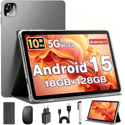 Tablet 10 Pulgadas, Tableta Android 15 con Funda, Ratón & Teclado, Octa-Core, 18 GB RAM + 128 GB ROM + 1 TB TF, Pantalla IPS HD 1280x800, Cámara Dual, 6000 mAh, WiFi 6, BT 5.0, Widevine L1, GPS