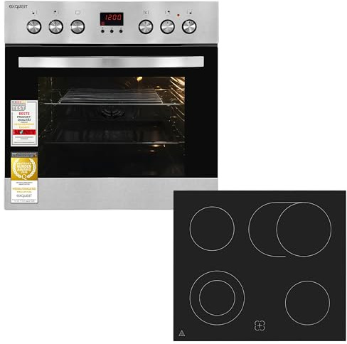 Exquisit Einbauherd-Set Inox - Backofen 58 l Umluft & Glaskeramik-Kochfeld | Herdset mit 9 Beheizungsarten inkl. Grill & Bräterzone - Energieklasse A - Edelstahl Design Einbaubackofen mit Timer