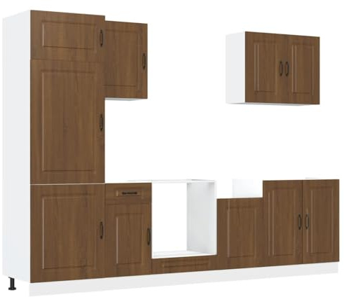 ULUYYUC 7-teiliges Küchenschrank-Set Kalmar Braun Eiche 80×46×207 cm Holzwerkstoff mit viel Stauraum und verstellbaren Füßen Modernes Küchenmöbel für kleine Küche Singleküche Eckküche